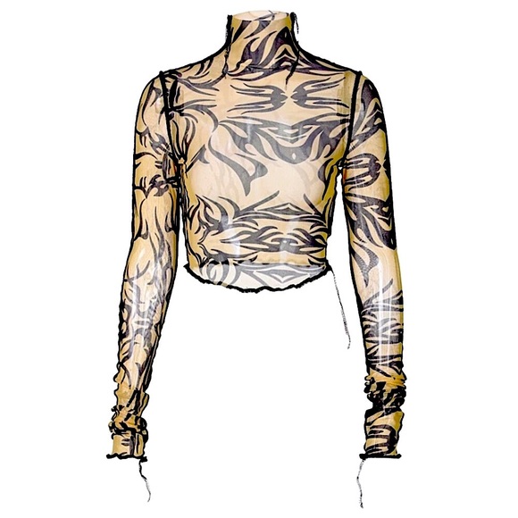 Tan mesh tribal striped long sleeve top - Picture 14 of 14